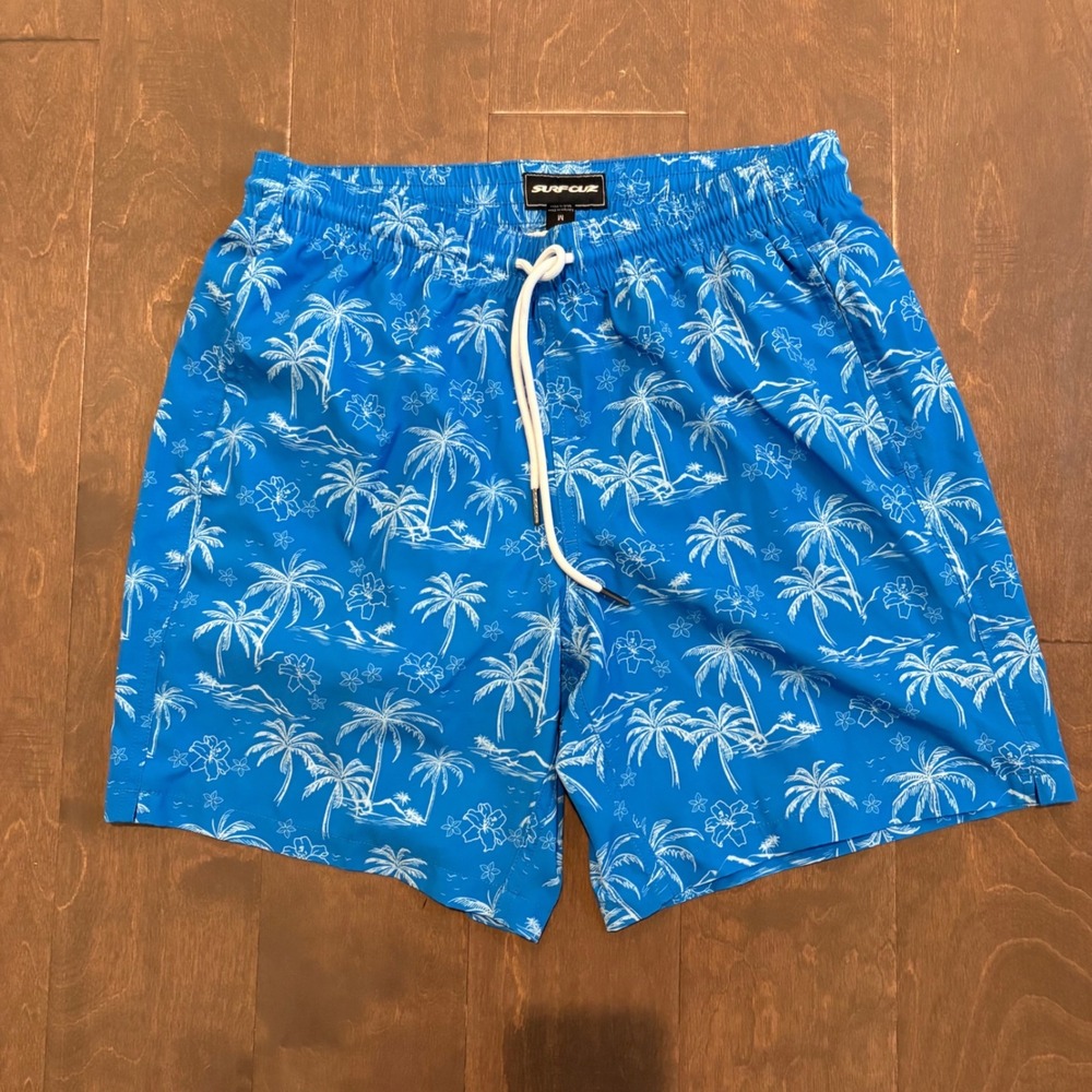 SURFCUZ Men Blue Tropical Palm Tree Swim Trunks‎ Medium Elastic Waist Drawstring